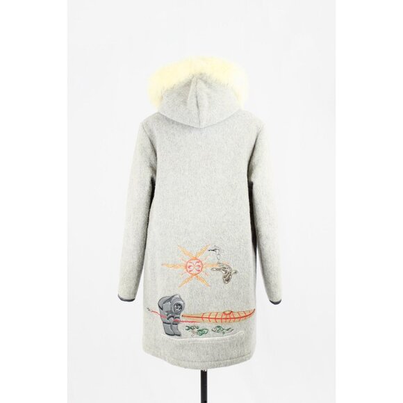 Vintage 70's KELSEY TRAIL Inuvik Grey Embroidered Wool Fur Trim Coat, Size 18 - Picture 3 of 16